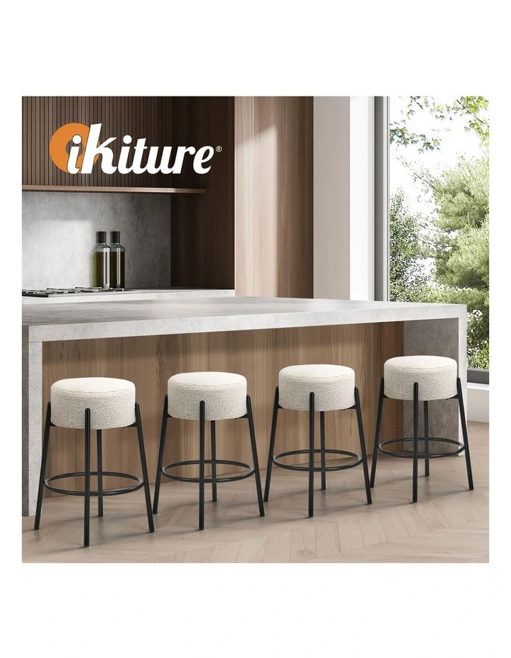 Oikiture 2x Bar Stools Kitchen Dining Chair Round Stool Boucle Fabric White image 7