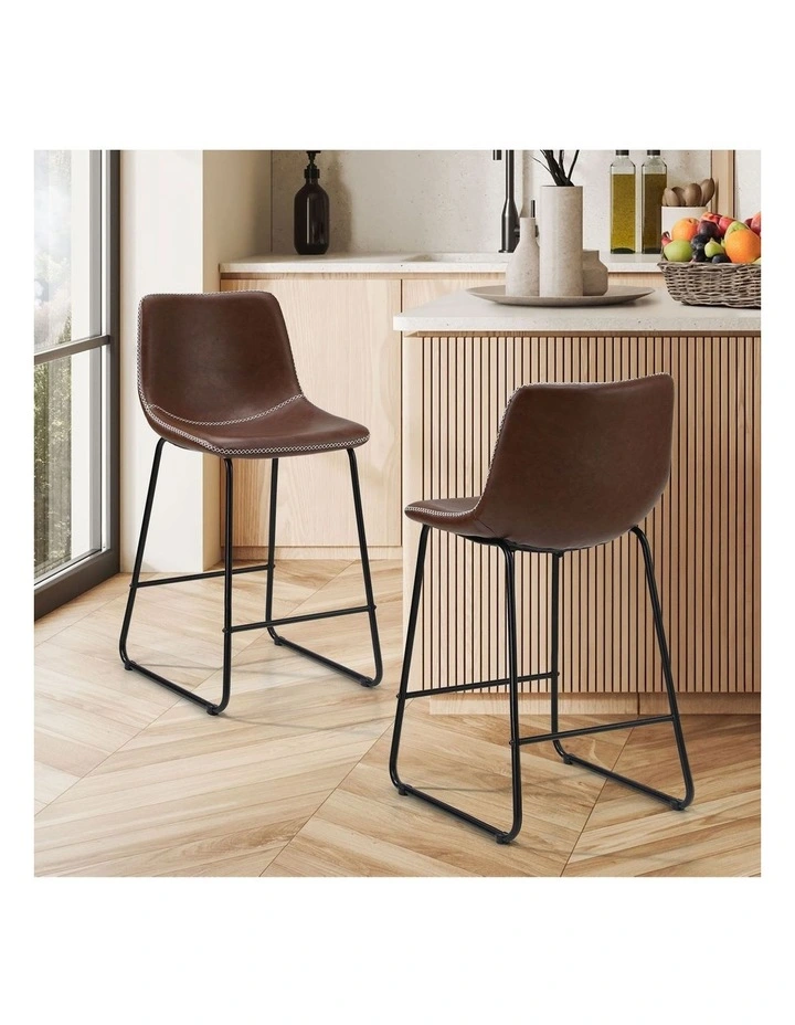 Oikiture 2x Bar Stools Kitchen Dining Chairs Leather Padded Stool Brown image 4