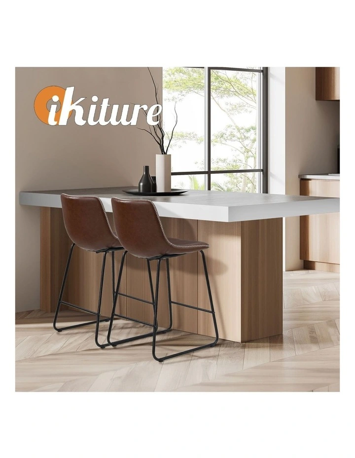 Oikiture 2x Bar Stools Kitchen Dining Chairs Leather Padded Stool Brown image 7