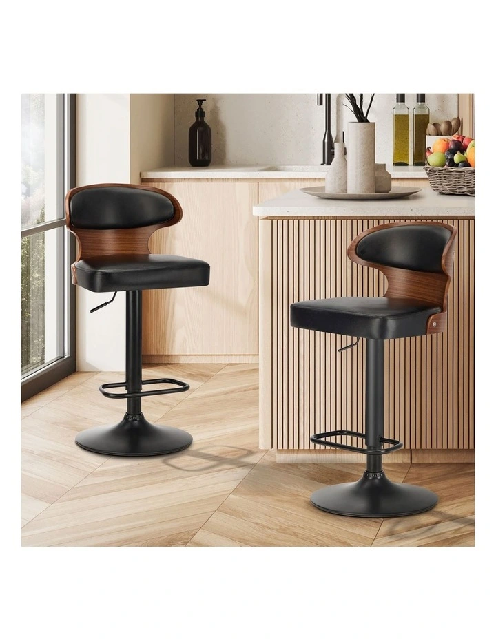 Oikiture 2x Bar Stools Swivel Kitchen Bar Chairs Gas Lift Stool Leather Black image 4
