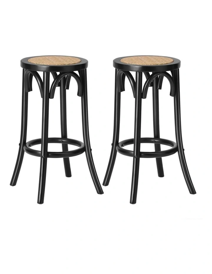 Oikiture 2x Bar Stools Kitchen Vintage Dining Chair Rattan Seat Black image 1