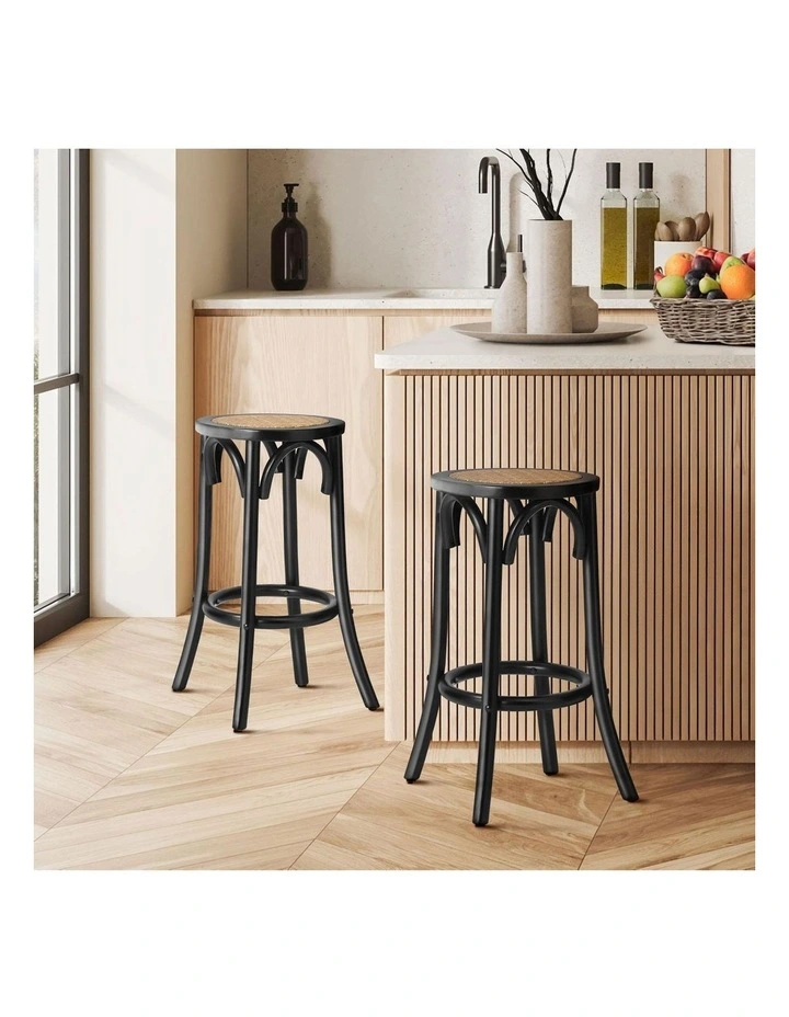 Oikiture 2x Bar Stools Kitchen Vintage Dining Chair Rattan Seat Black image 4
