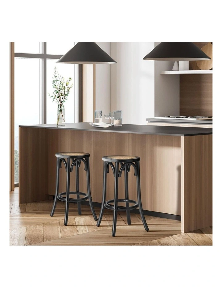 Oikiture 2x Bar Stools Kitchen Vintage Dining Chair Rattan Seat Black image 5