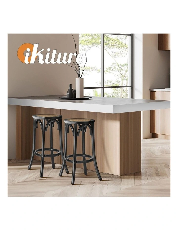 Oikiture 2x Bar Stools Kitchen Vintage Dining Chair Rattan Seat Black image 7