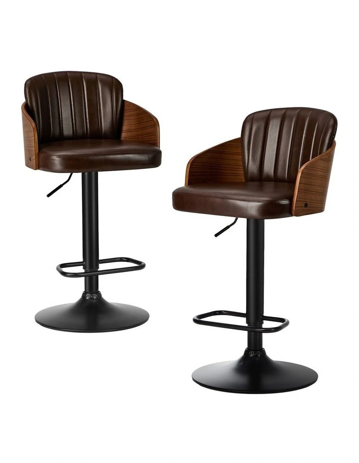 Oikiture 2x Bar Stools Adjustable Counter Height Stool Swivel Leather Brown image 1