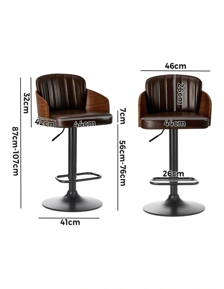 Oikiture 2x Bar Stools Adjustable Counter Height Stool Swivel Leather Brown image 3
