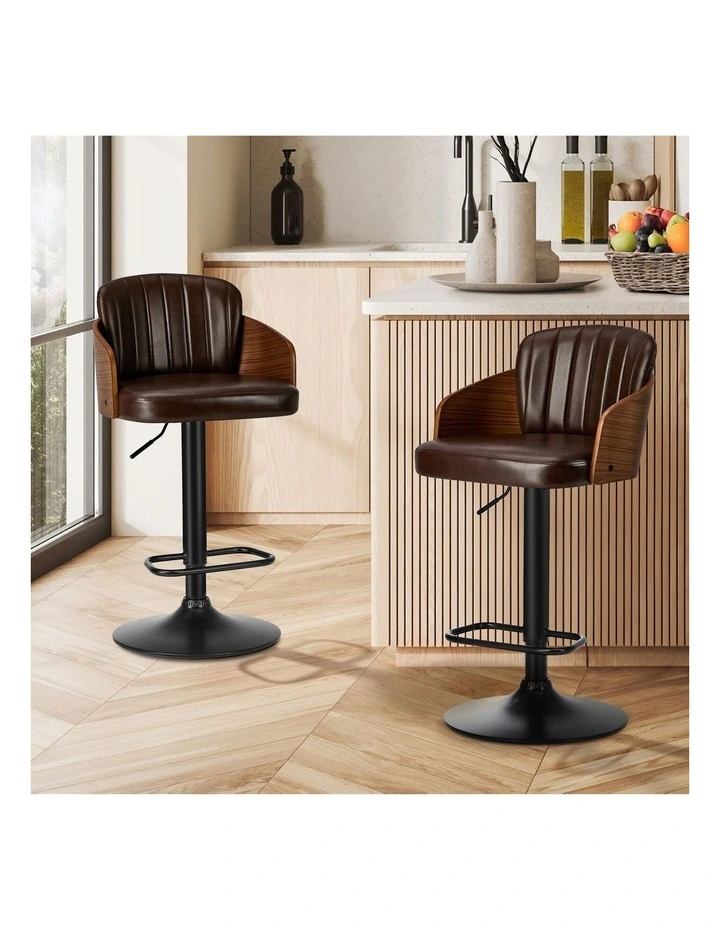 Oikiture 2x Bar Stools Adjustable Counter Height Stool Swivel Leather Brown image 4