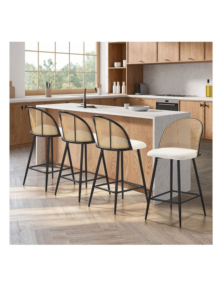 Oikiture Bar Stools Kitchen Counter Stool Rattan Dining Chair Boucle Fabric x4 image 4