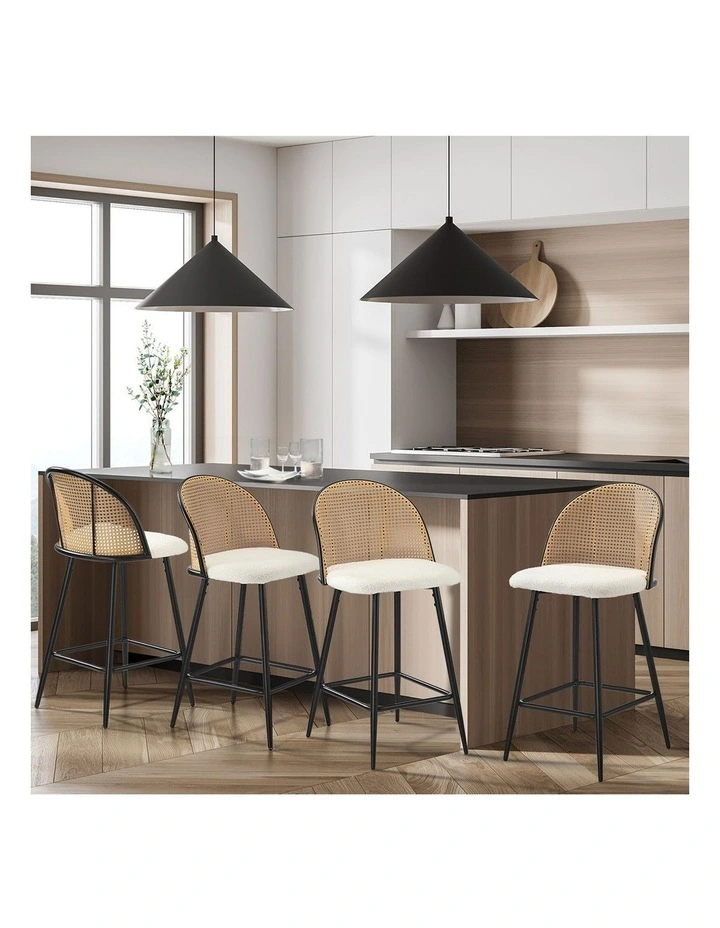 Oikiture Bar Stools Kitchen Counter Stool Rattan Dining Chair Boucle Fabric x4 image 5