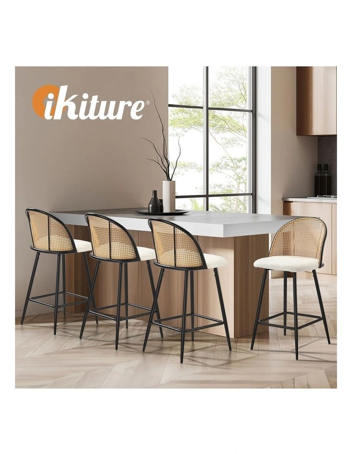 Oikiture Bar Stools Kitchen Counter Stool Rattan Dining Chair Boucle Fabric x4 image 7