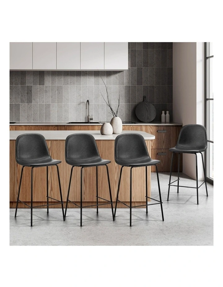 Oikiture 4x Bar Stools Kitchen Dining Chair Counter Stool PU Leather Black image 4