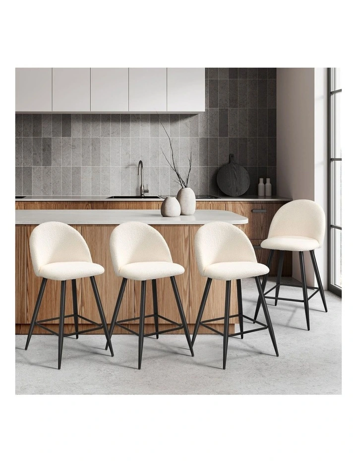 Oikiture 4x Bar Stools Kitchen Dining Chairs Counter Stool White Boucle Padded image 4