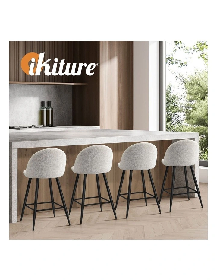 Oikiture 4x Bar Stools Kitchen Dining Chairs Counter Stool White Boucle Padded image 7