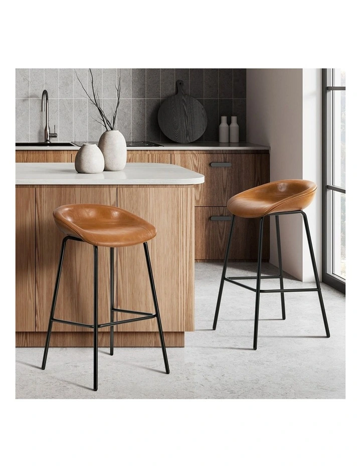 Oikiture 2X Bar Stools Kitchen Dining Chair Metal Counter Stool PU Leather Brown image 4