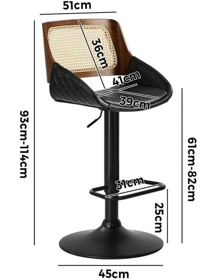 Oikiture 2x Bar Stools Kitchen Dining Chairs Gas Lift Stool Rattan Leather Black image 3