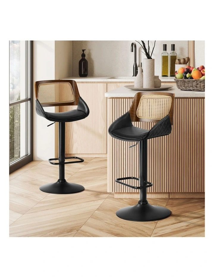Oikiture 2x Bar Stools Kitchen Dining Chairs Gas Lift Stool Rattan Leather Black image 4