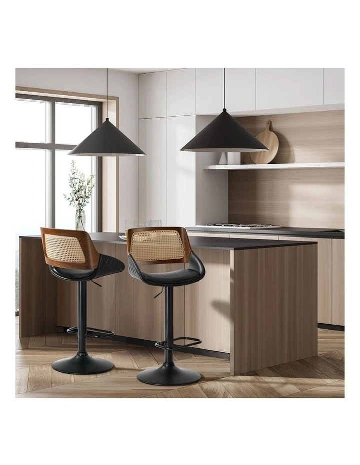 Oikiture 2x Bar Stools Kitchen Dining Chairs Gas Lift Stool Rattan Leather Black image 5
