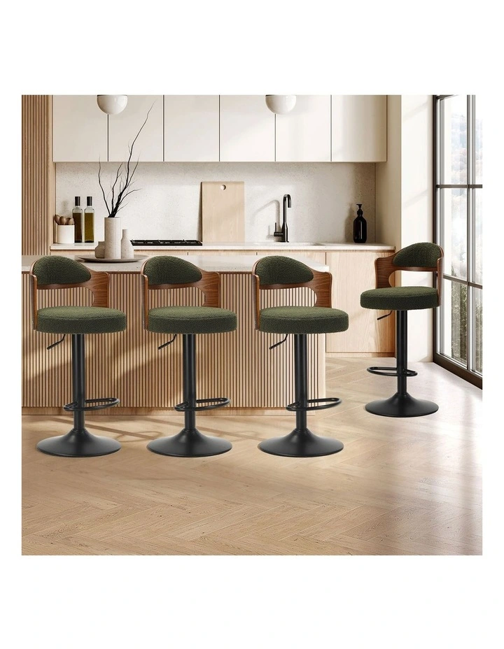 Oikiture 4x Bar Stools Swivel Kitchen Bar Chairs Gas Lift Stools Green Boucle image 4