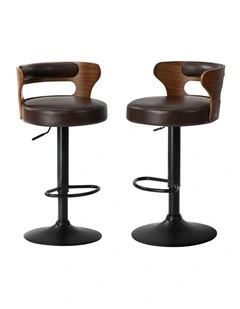 Oikiture 2x Bar Stools Kitchen Gas Lift Swivel Chairs Stool Wooden Leather Brown