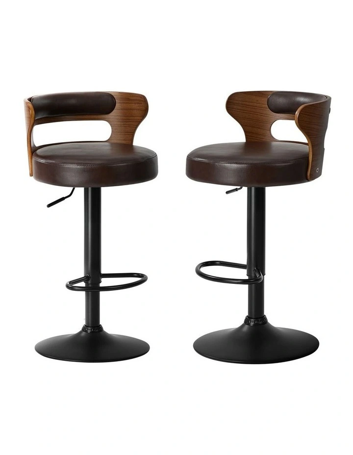 Oikiture 2x Bar Stools Kitchen Gas Lift Swivel Chairs Stool Wooden Leather Brown image 1