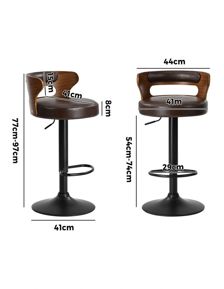 Oikiture 2x Bar Stools Kitchen Gas Lift Swivel Chairs Stool Wooden Leather Brown image 3