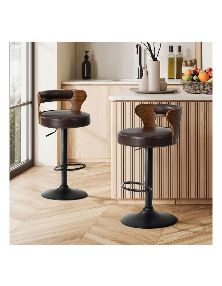 Oikiture 2x Bar Stools Kitchen Gas Lift Swivel Chairs Stool Wooden Leather Brown image 4