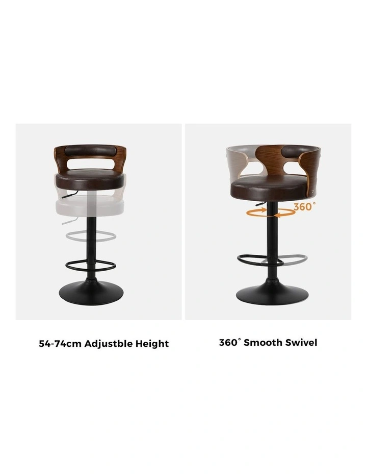 Oikiture 2x Bar Stools Kitchen Gas Lift Swivel Chairs Stool Wooden Leather Brown image 6