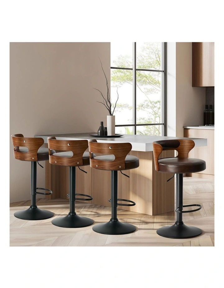 Oikiture 2x Bar Stools Kitchen Gas Lift Swivel Chairs Stool Wooden Leather Brown image 7