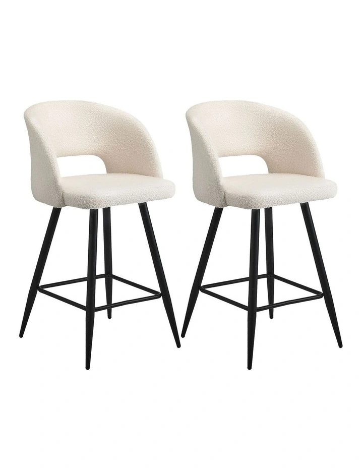 Oikiture 2x Bar Stools Kitchen Dining Chair Padded Chair Boucle White SURA image 1
