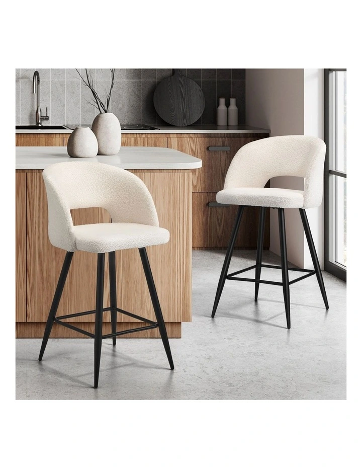 Oikiture 2x Bar Stools Kitchen Dining Chair Padded Chair Boucle White SURA image 4