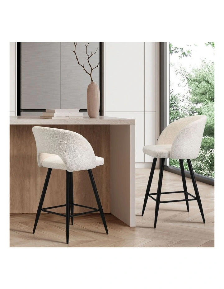 Oikiture 2x Bar Stools Kitchen Dining Chair Padded Chair Boucle White SURA image 5