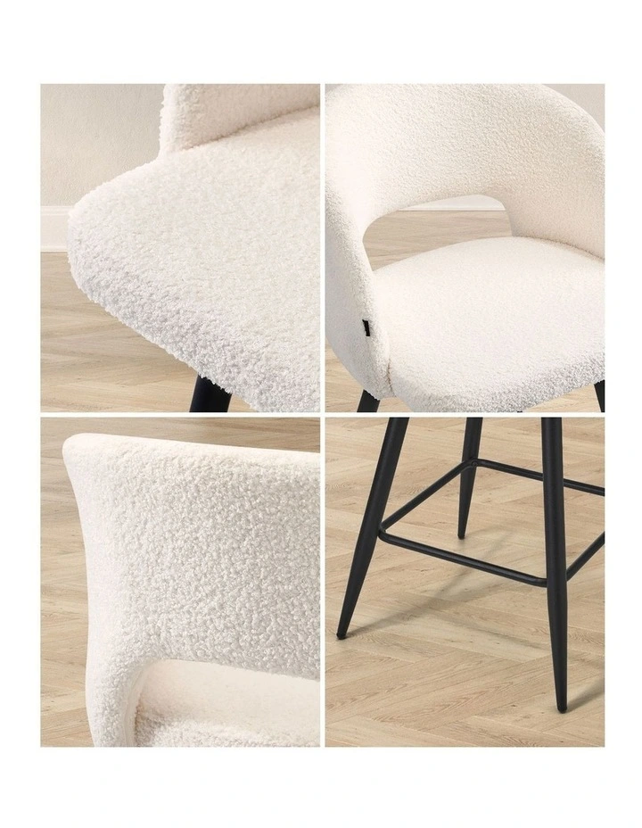 Oikiture 2x Bar Stools Kitchen Dining Chair Padded Chair Boucle White SURA image 6