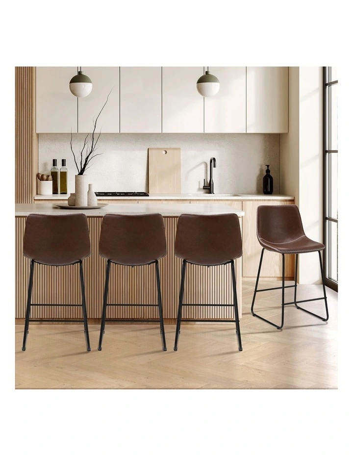 Oikiture 4X Bar Stools Kitchen Dining Chairs Leather Padded Stool Brown image 4