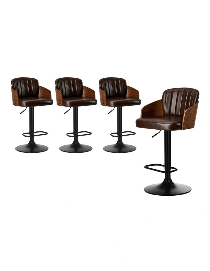Oikiture 4x Bar Stools Adjustable Counter Height Stool Swivel Leather Brown image 1