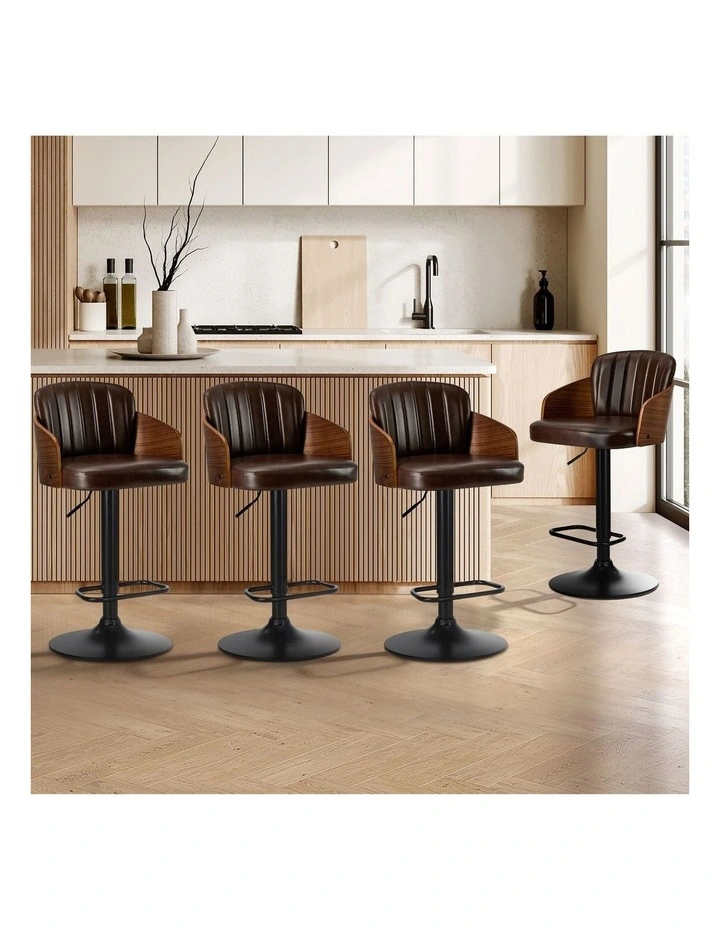 Oikiture 4x Bar Stools Adjustable Counter Height Stool Swivel Leather Brown image 4