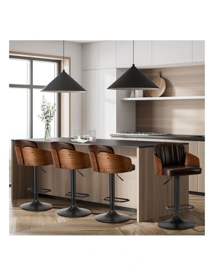 Oikiture 4x Bar Stools Adjustable Counter Height Stool Swivel Leather Brown image 5