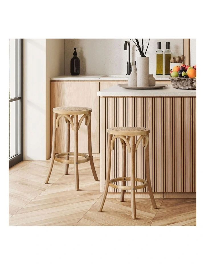 Oikiture 2x Bar Stools Kitchen Vintage Dining Chair Rattan Seat Natural image 4