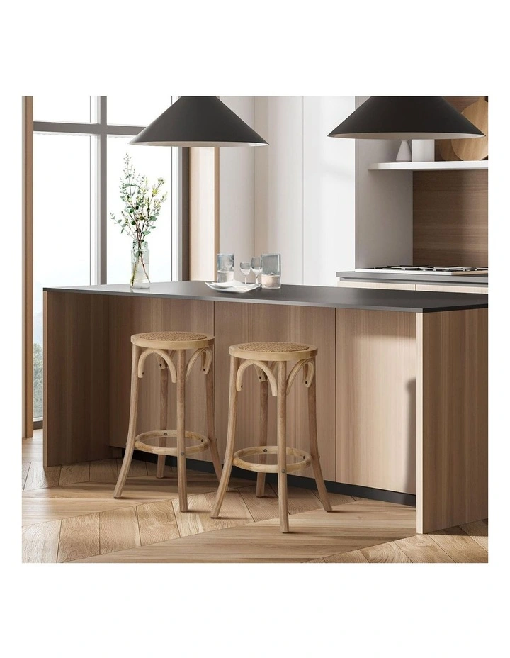 Oikiture 2x Bar Stools Kitchen Vintage Dining Chair Rattan Seat Natural image 5