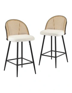 Oikiture Bar Stools Kitchen Counter Stool Rattan Dining Chair Boucle Fabric x2