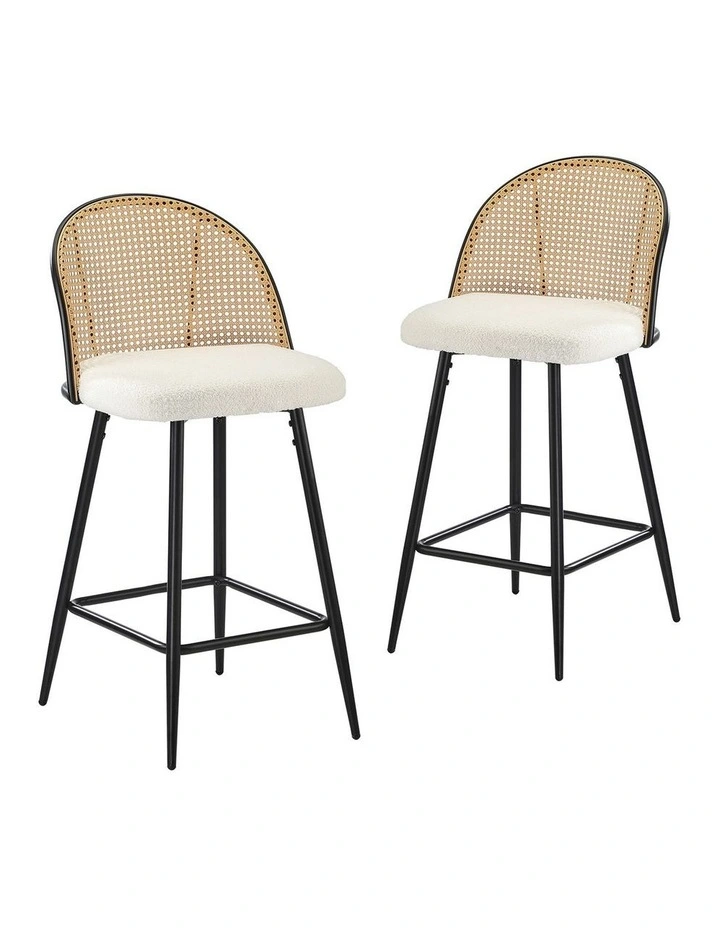 Oikiture Bar Stools Kitchen Counter Stool Rattan Dining Chair Boucle Fabric x2 image 1