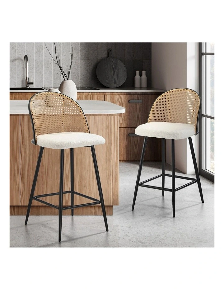 Oikiture Bar Stools Kitchen Counter Stool Rattan Dining Chair Boucle Fabric x2 image 4
