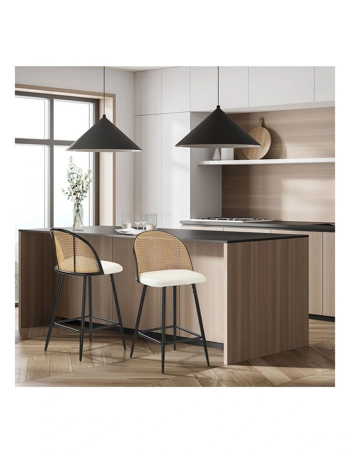 Oikiture Bar Stools Kitchen Counter Stool Rattan Dining Chair Boucle Fabric x2 image 5