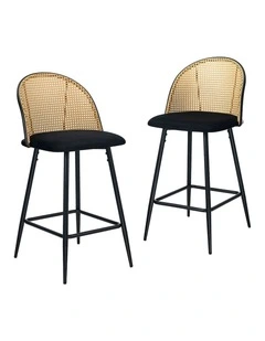 Oikiture Bar Stools Kitchen Counter Stool Rattan Dining Chair Velvet Black x2