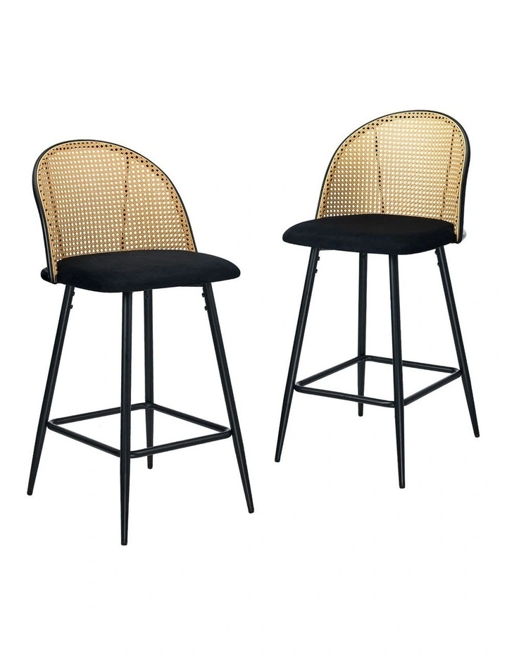 Oikiture Bar Stools Kitchen Counter Stool Rattan Dining Chair Velvet Black x2 image 1
