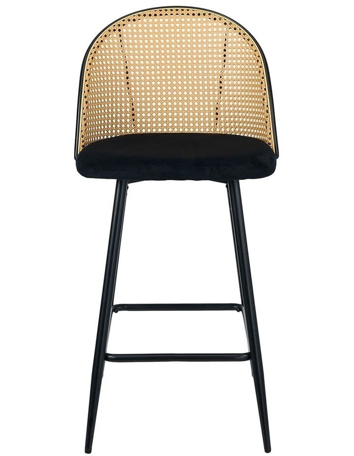 Oikiture Bar Stools Kitchen Counter Stool Rattan Dining Chair Velvet Black x2 image 2