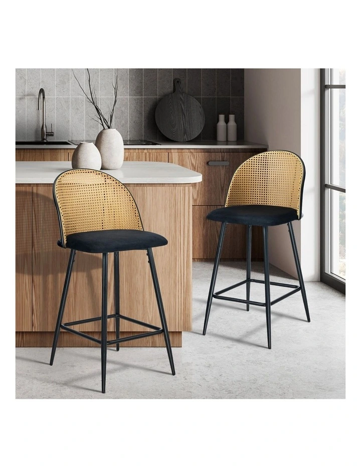 Oikiture Bar Stools Kitchen Counter Stool Rattan Dining Chair Velvet Black x2 image 4