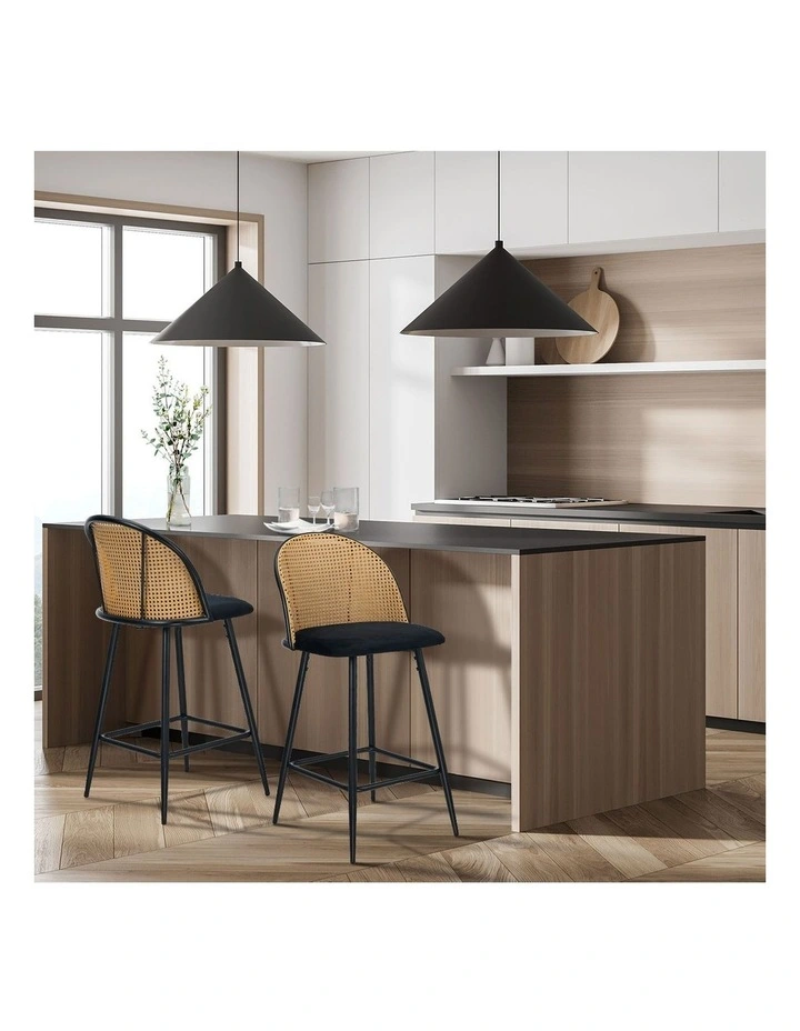Oikiture Bar Stools Kitchen Counter Stool Rattan Dining Chair Velvet Black x2 image 5
