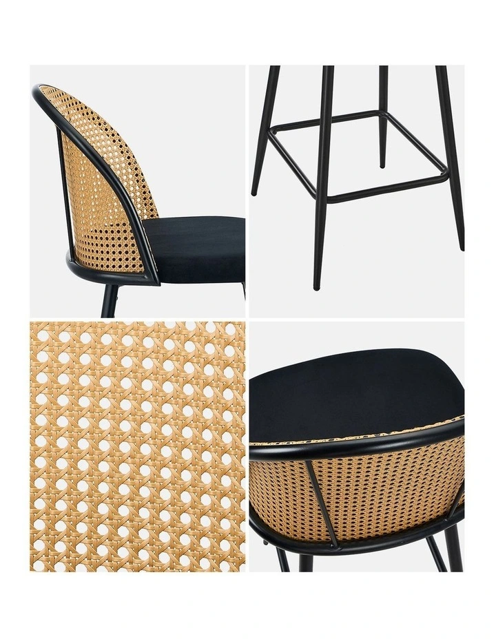 Oikiture Bar Stools Kitchen Counter Stool Rattan Dining Chair Velvet Black x2 image 6