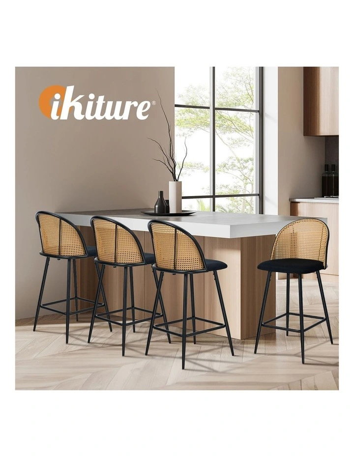 Oikiture Bar Stools Kitchen Counter Stool Rattan Dining Chair Velvet Black x2 image 7
