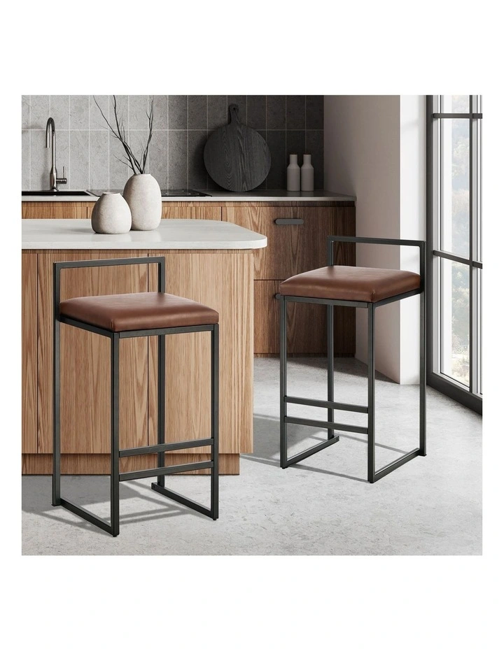 Oikiture 2x Bar Stools in Brown Leather image 4